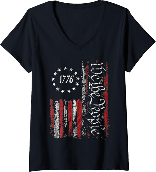 Womens Vintage Old American Flag Patriotic 1776 We The People Usa V Neck
