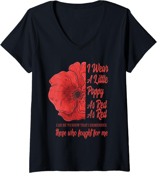 Womens Veterans Day I Wear Red Poppy Flower Remember American Usa V Neck