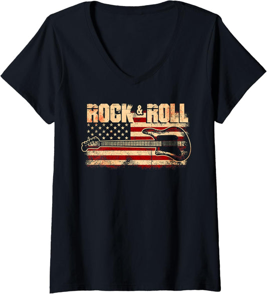 Womens Vintage Rock And Roll Music Retro Rocknroll American Flag V Neck
