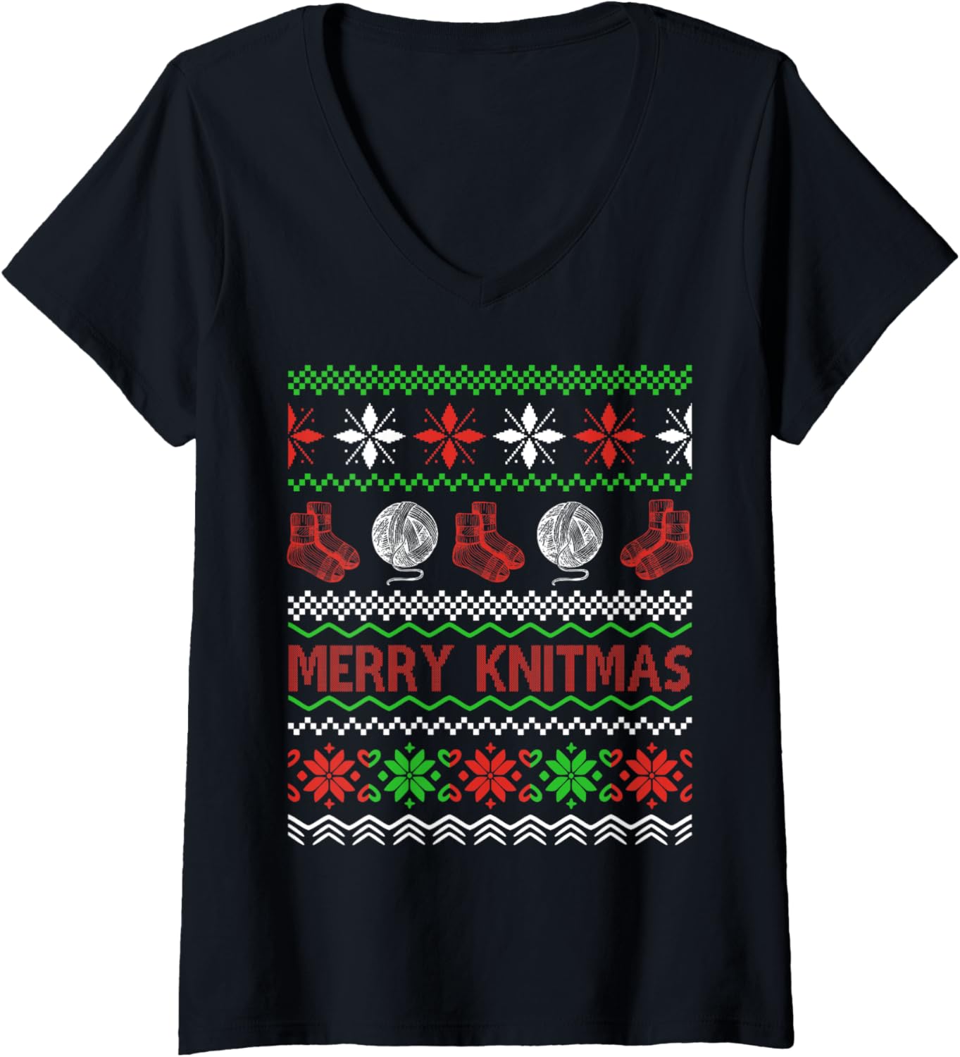 Womens Merry Knitmas Xmas Ugly Sweater Knitting Yarn Christmas V-Neck
