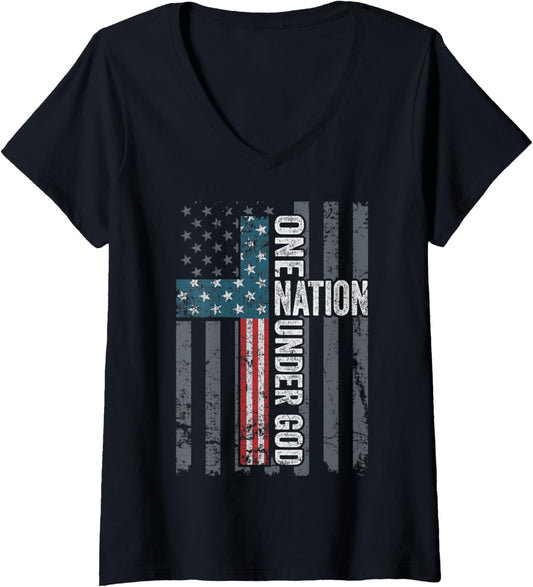 Womens One Nation Under God Christian Usa Cross Flag Patriotic V Neck