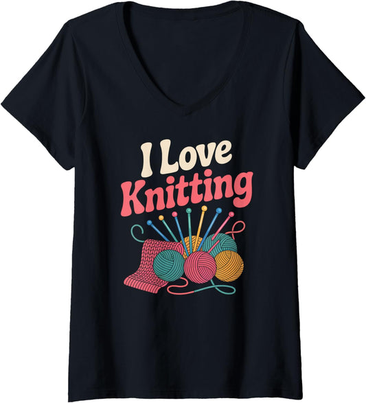 Womens I Love Knitting Yarn Needles Passion V-Neck