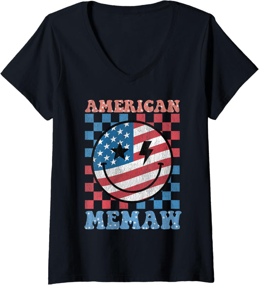 Womens Groovy American Memaw 4Th Of July Flag Usa Memaw V Neck