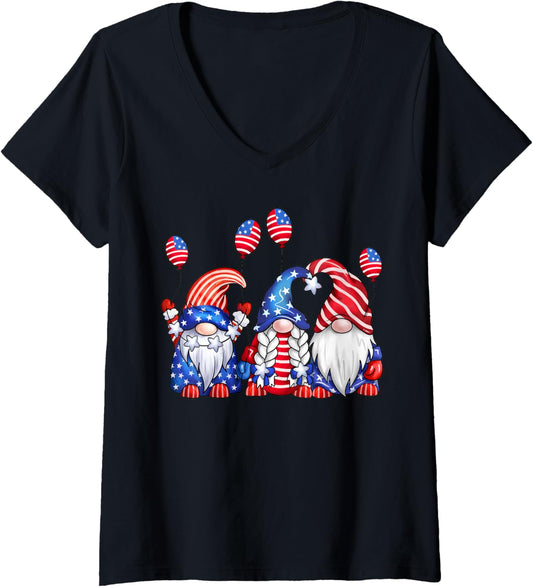 Womens Patriotic 4Th Of July Three 3 Gnomes Usa Flag With Balloons V Neck