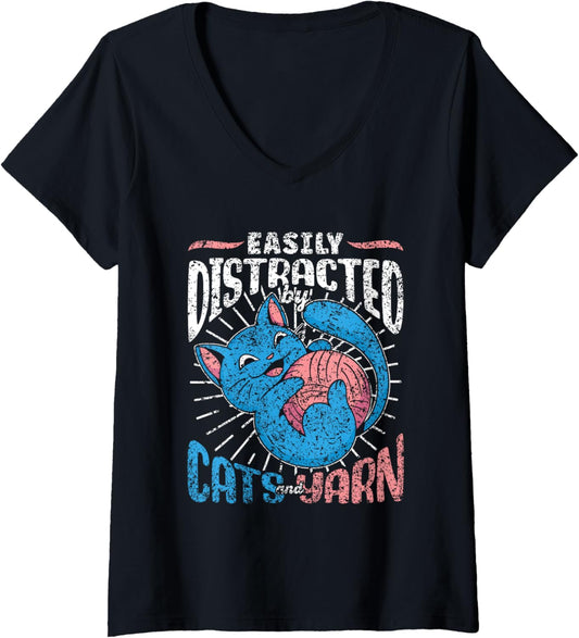 Easily Distracted By Cats And Yarn Knitter Knit Knitting V-Neck