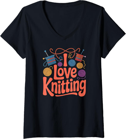 Womens I Love Knitting Creative Yarn Balls V-Neck
