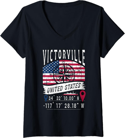 Womens Victorville United States Flag Gps Coordinates Victorville V Neck