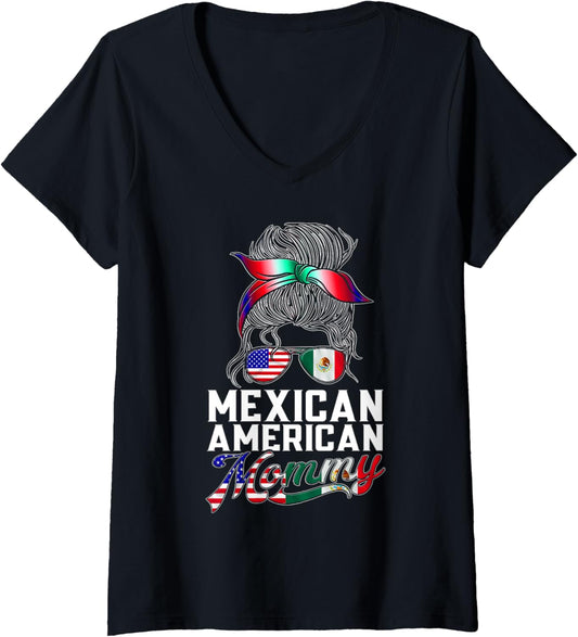 Womens Mexican American Mommy Mexico Usa America Mexican American V Neck