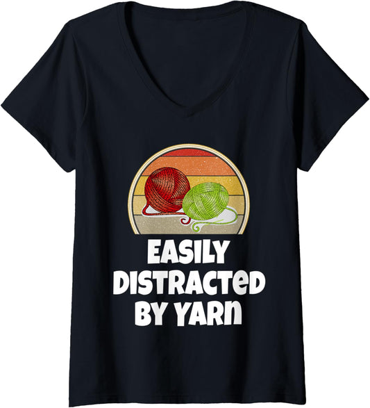 Womens Funny Knitting Easily Distracted By Yarn Retro Knitter V-Neck