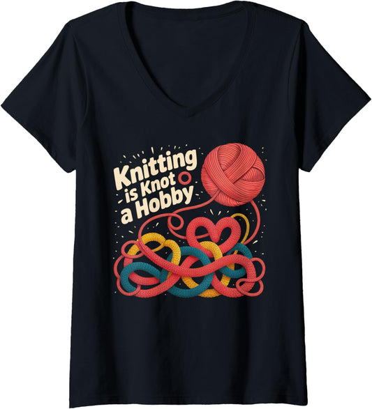 Womens Knitting is Knot a Hobby Funny Yarn Tangle V-Neck