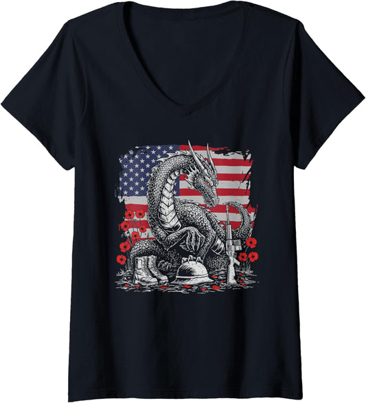 Womens Vintage Dragon American Usa Flag Memorial Day 4Th Of July V Neck