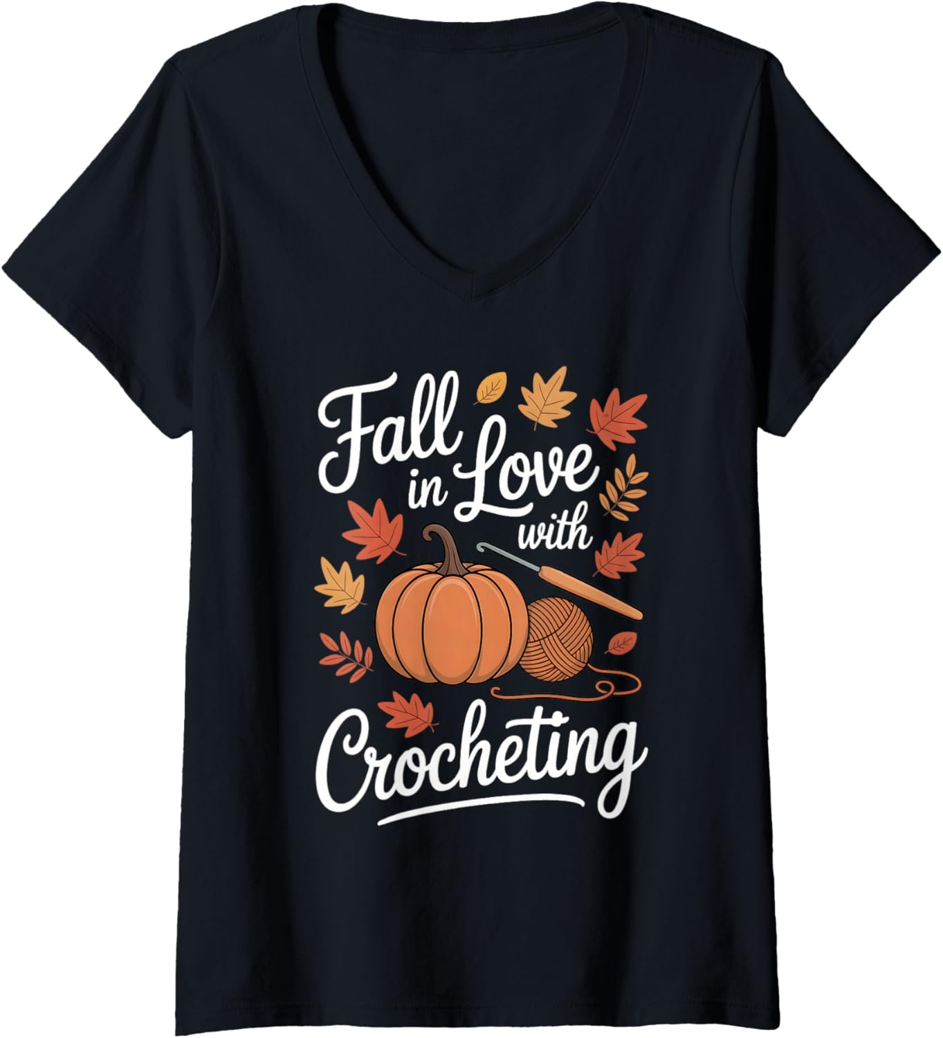 Womens Fall in Love with Crocheting Thanksgiving Autumn Yarn V-Neck