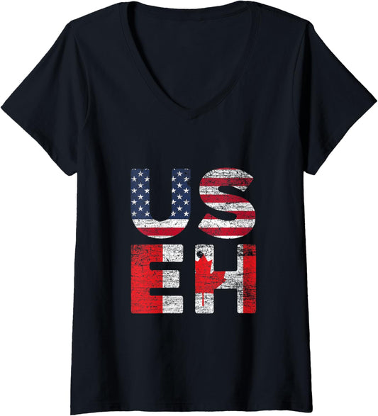 Womens Canadian Pride American Usa Useh Us Flag Canada V Neck