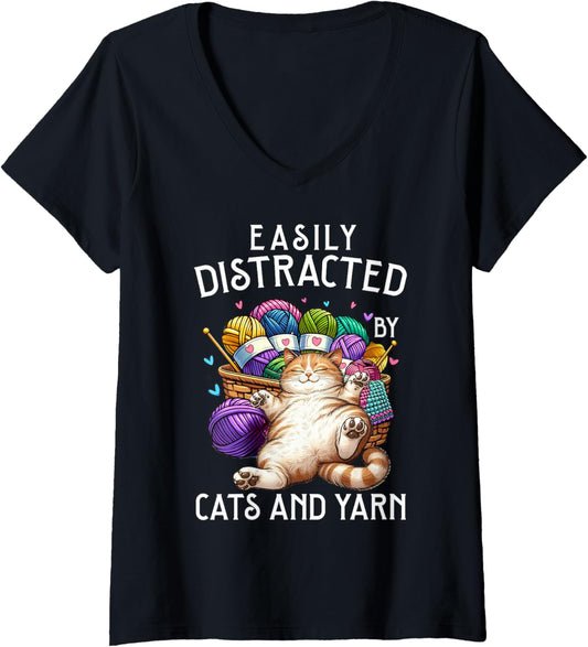 Womens Easily Distracted By Cats And Yarn Funny Knitting Crocheting V-Neck