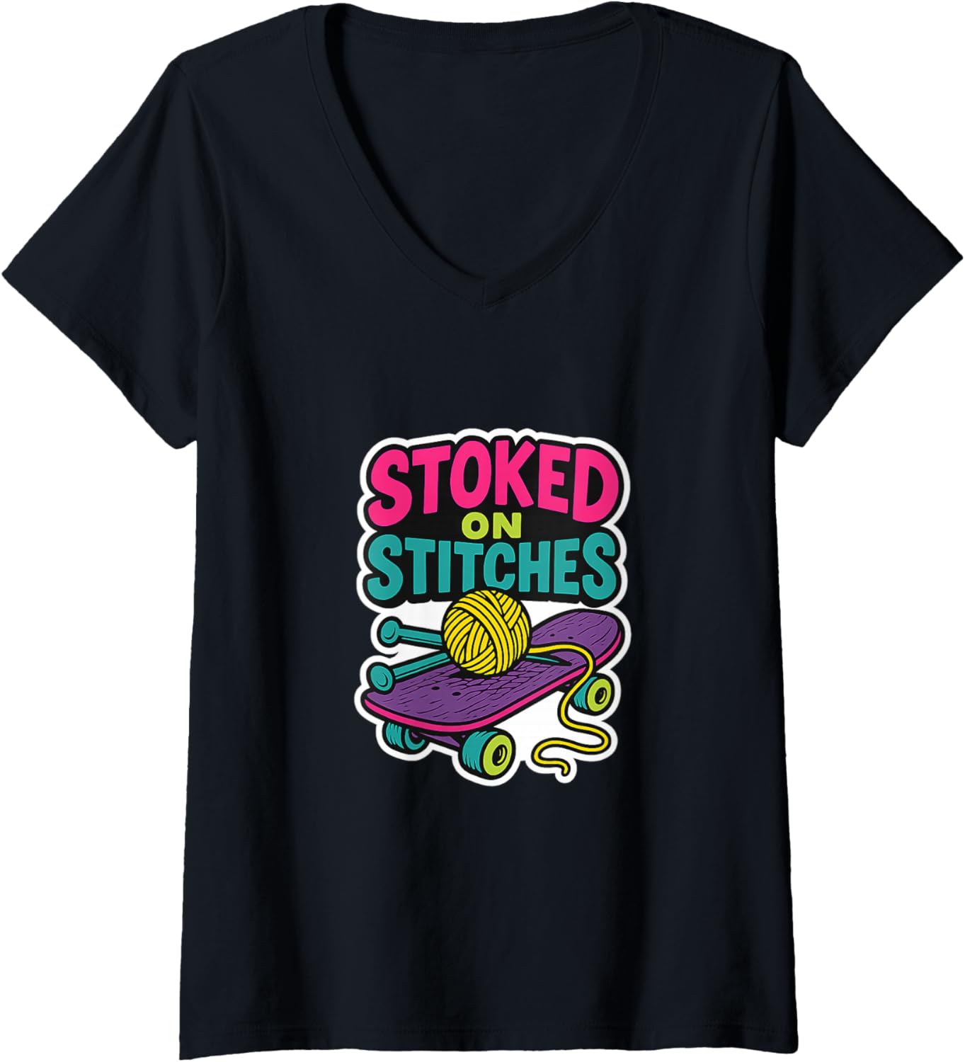 Womens Stoked on Stitches Knitting Skateboard Retro Yarn Design V-Neck