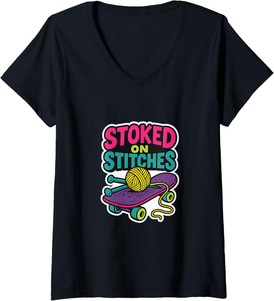 Womens Stoked on Stitches Knitting Skateboard Retro Yarn Design V-Neck
