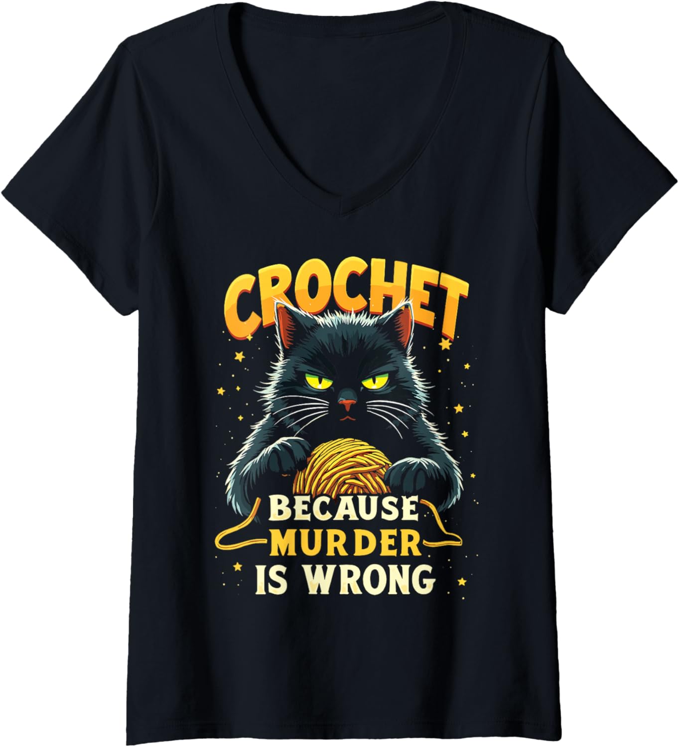 Womens Crochet Because Murder is Wrong Funny Black Cat Yarn V-Neck