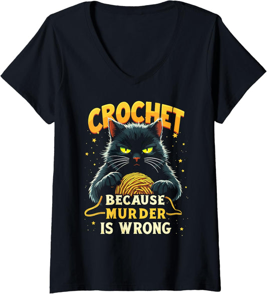 Womens Crochet Because Murder is Wrong Funny Black Cat Yarn V-Neck