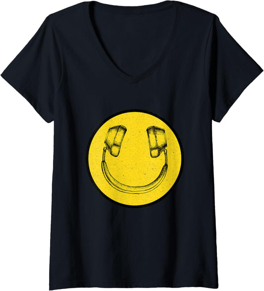 Womens Funny Retro Vintage Y 2k Smile Headphones 2000's Music Lover V Neck
