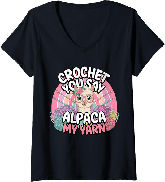 Womens Crochet You Say Alpaca My Yarn Humor V-Neck