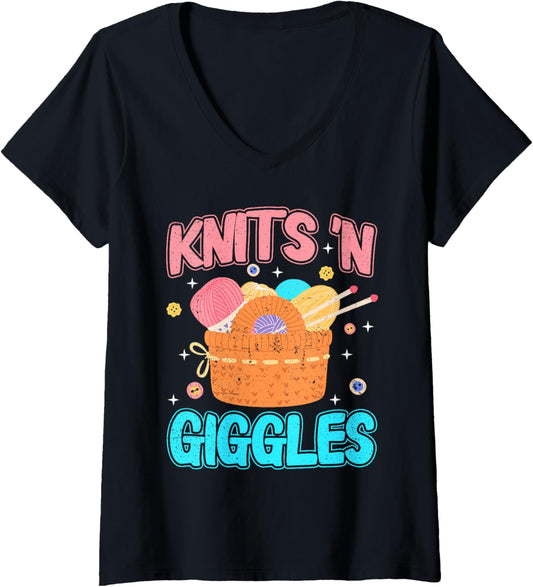 Womens Knits 'n Giggles Funny Yarn Knitting Women V-Neck