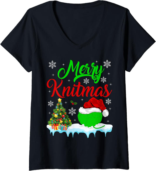 Womens Xmas Tree Lighting Merry Knitmas Knitting Yarn Christmas V-Neck