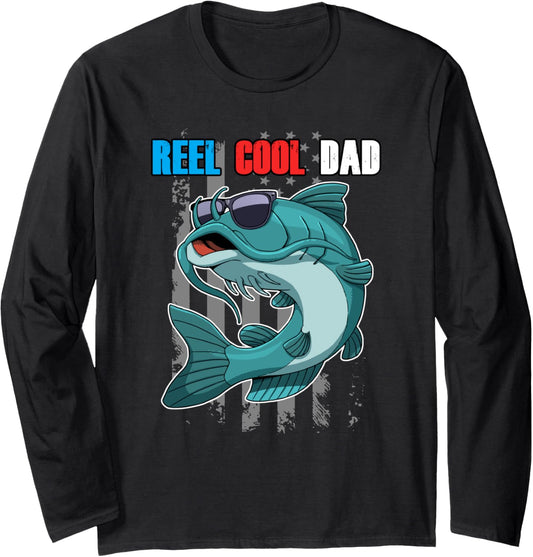 Catfish Sunglasses Reel Cool Dad Shirt American Flag Fishing Long Sleeve
