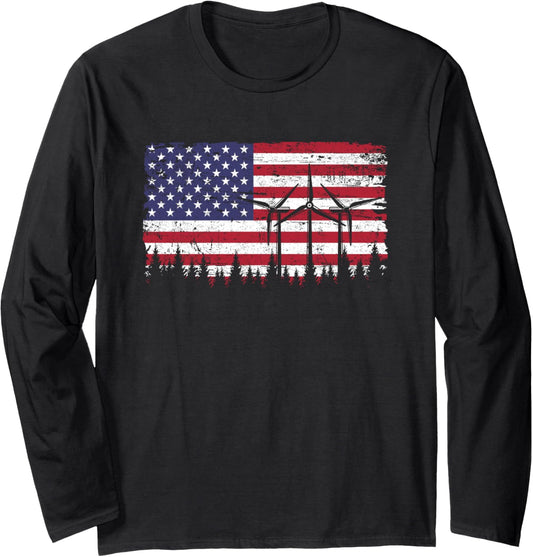 Wind Turbine Technician American Flag Patriotic Windmill Long Sleeve