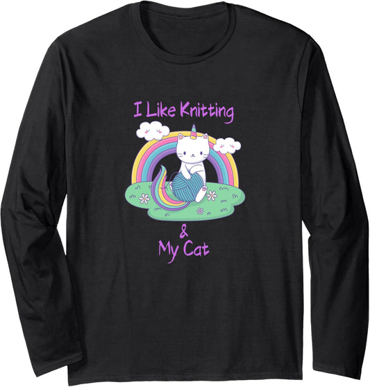 Unicorn Cat with a Ball of Yarn Cat Knitting Long Sleeve