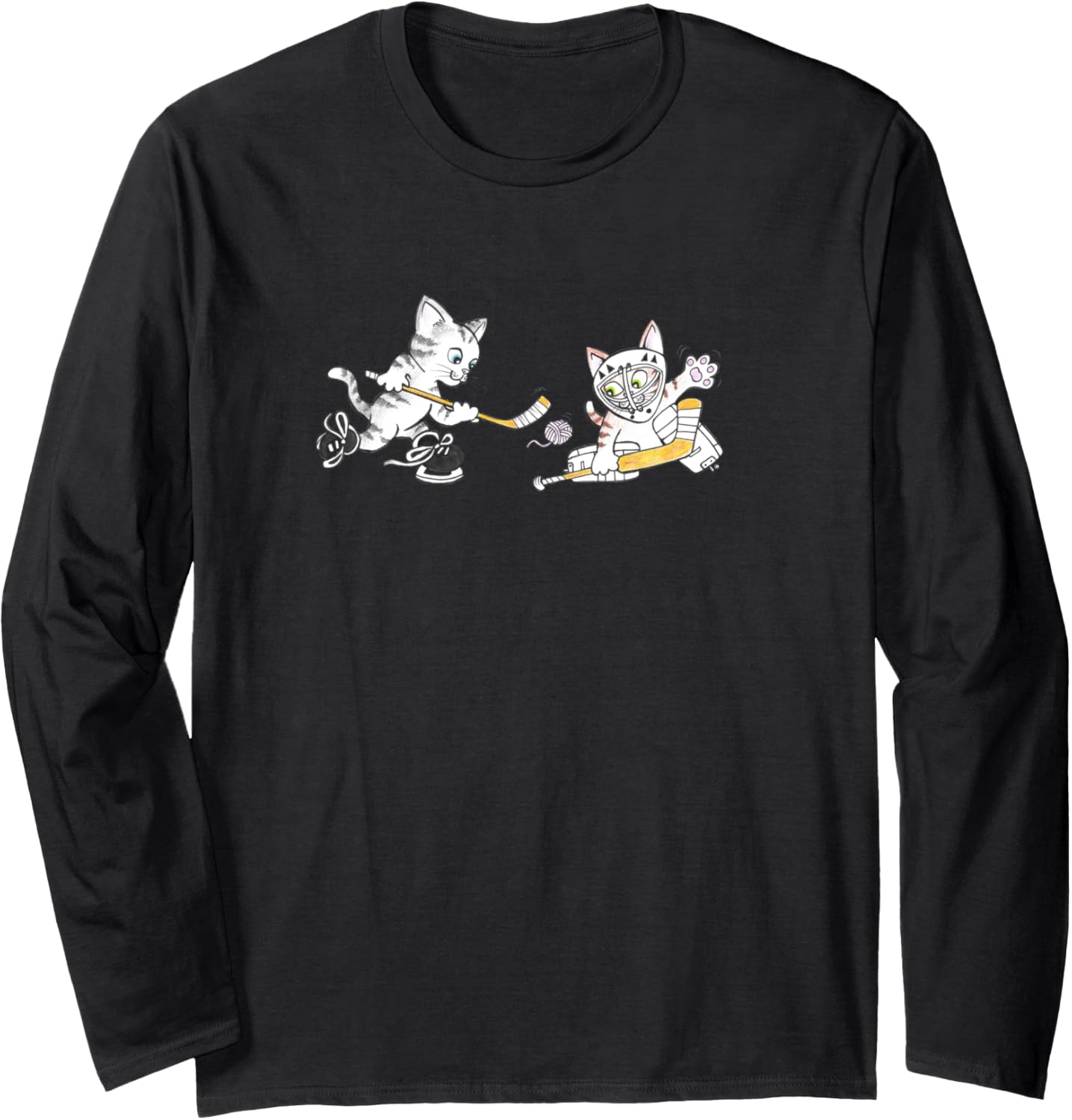Goalie Kitty Cat Kittens Playing Hockey with Ball of Yarn Long Sleeve