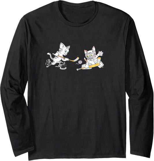 Goalie Kitty Cat Kittens Playing Hockey with Ball of Yarn Long Sleeve