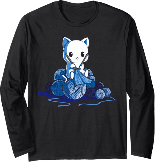 Kawaii Knitting Cat Yarn Lover for Crafters Long Sleeve