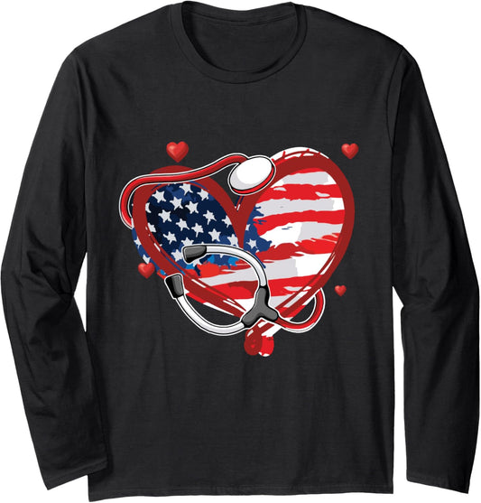 All American Nurse 4Th Of July Patriotic Usa Flag Nursing Long Sleeve