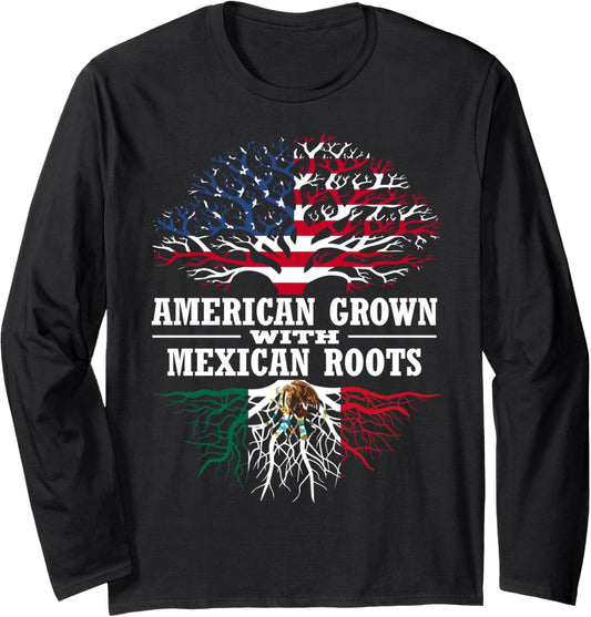 American Grown With Mexican Roots Tree Usa Mexico Flag Long Sleeve
