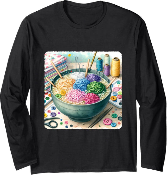 Ramen Bowl With Noodle Yarn, Needle, Button Toppings. Yarn Long Sleeve