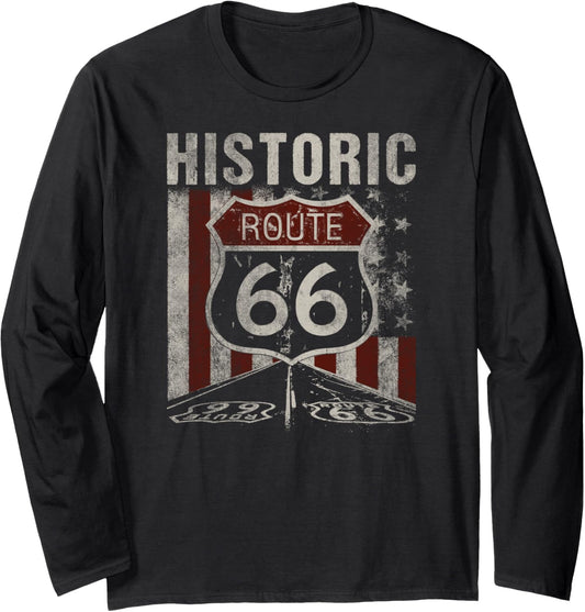 Historic Usa Route 66 Highway Vintage America Road Sign Long Sleeve