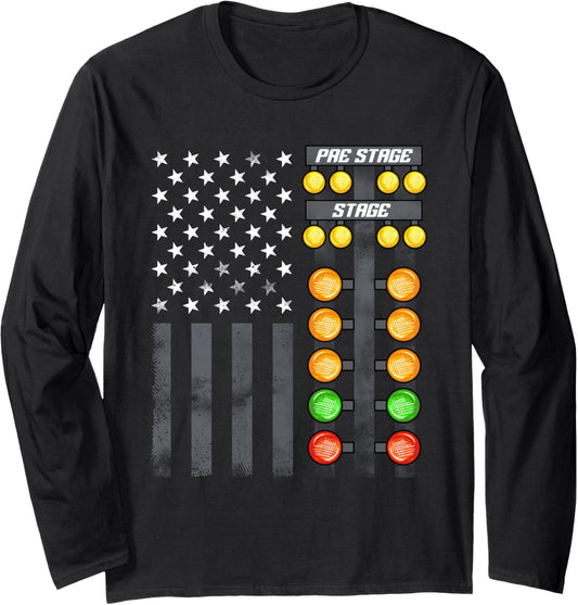 American Flag Drag Racing Strip Tree Light Dragster Long Sleeve
