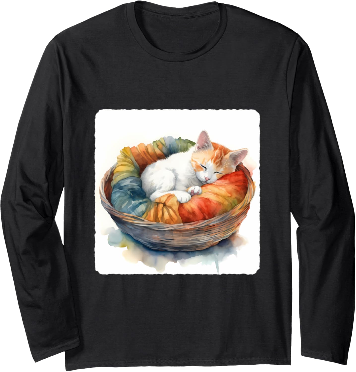 A Cat Sleeping In A Basket Of Yarn. Domestic, Lazy Long Sleeve