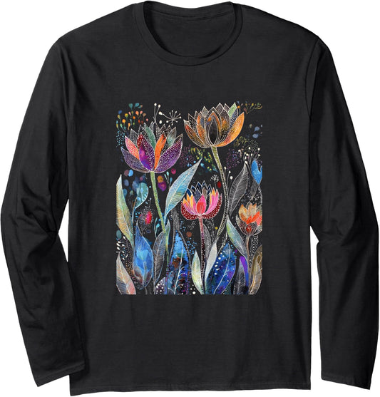 Botanical Garden Vibrant Floral Nature Colorful Art Design Long Sleeve