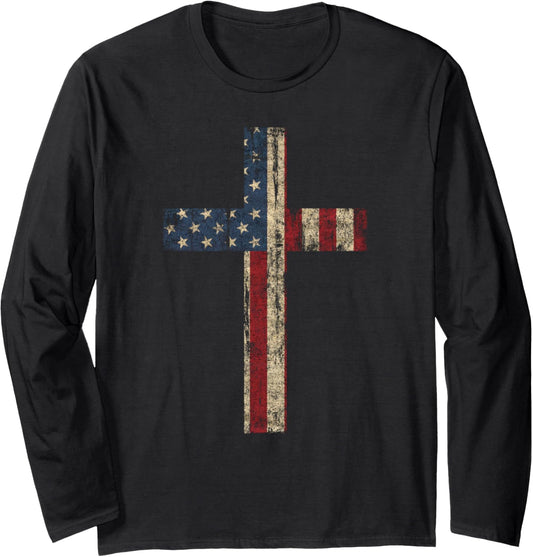 Patriotic Cross American Flag Faith Us Independence Day Long Sleeve