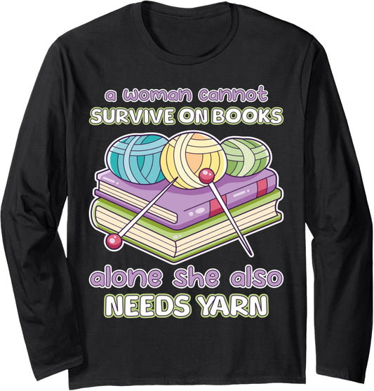 Funny Crochet Knitting Book Worm Books Lover Yarn Collector Long Sleeve