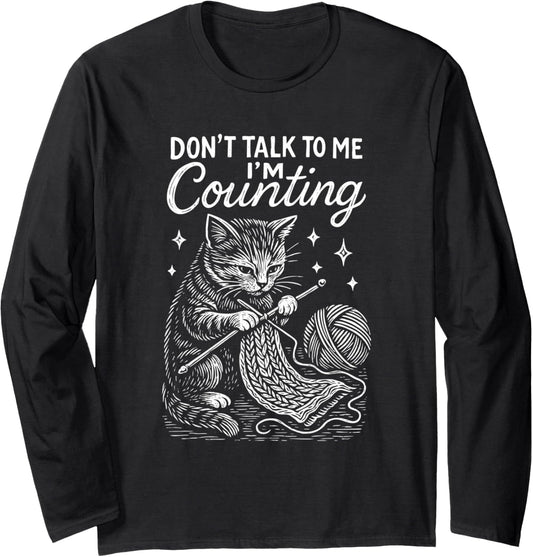Cute Knitting Cat, Crochet Counting Design, Folk Art Style Long Sleeve