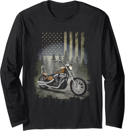 American Flag Motorcycle Tshirt Usa Flag Biker Retro Long Sleeve