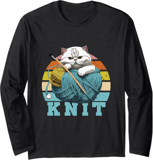 Knit | Retro Cat With Skein Of Yarn Wool | Knitter Crocheter Long Sleeve