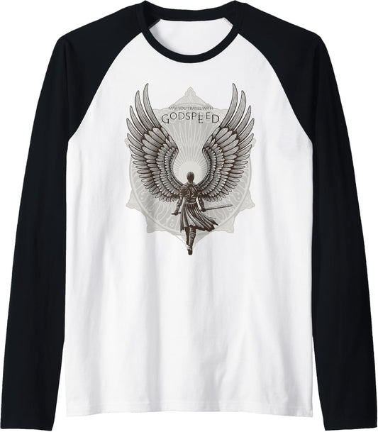 May You Travel With Godspeed Winged Hero Raglan Baseball Tee