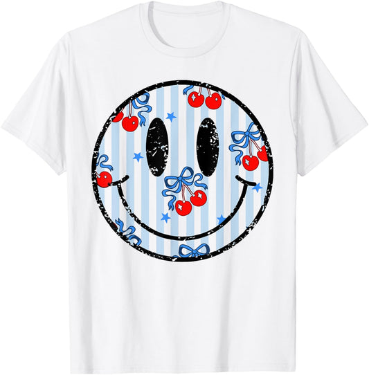 Cherry 4Th Of July Groovy Smile Face Red White Blue Usa Flag