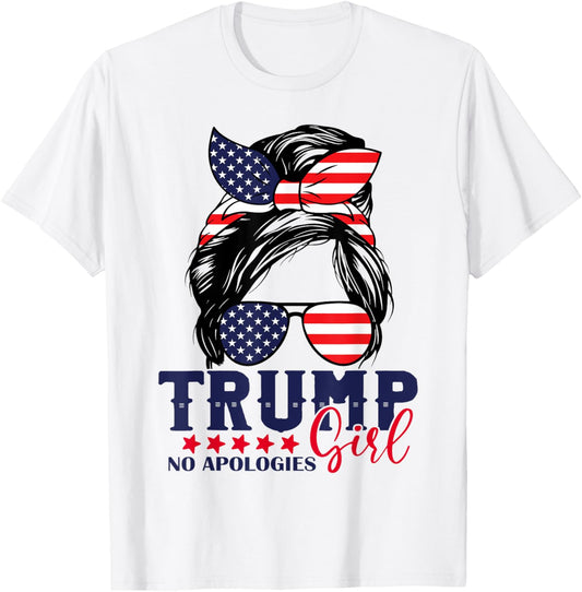 Trump Girl No Apologies Messy Bun Trump 2024 American Flag