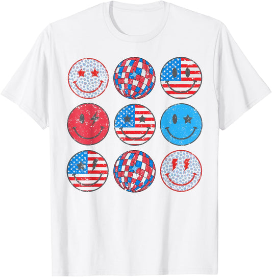 Happy 4Th Of July Groovy Smile Face Red White Blue Usa Flag