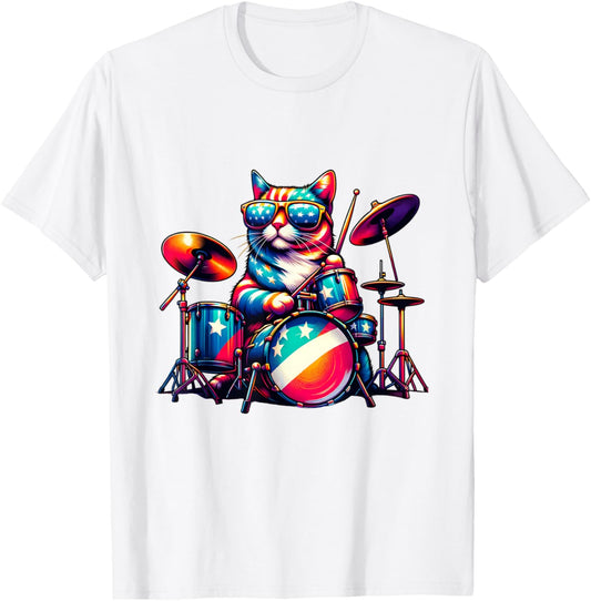 Cat Drum Design Funny 4Th Of July Usa Flag Drummer Graphic