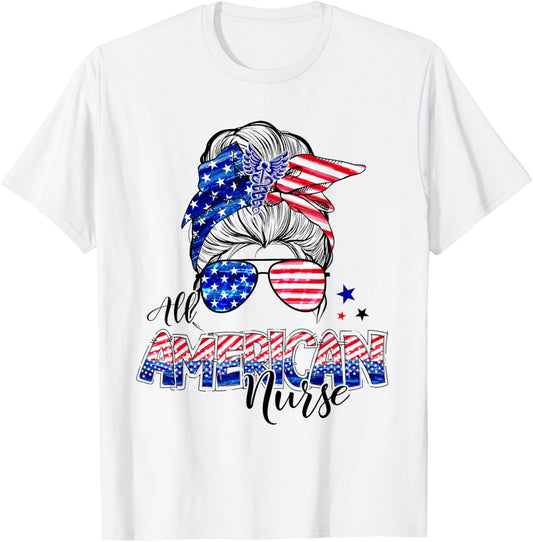 American Flag Patriotic Nurse Messy Bun 4Th Of July